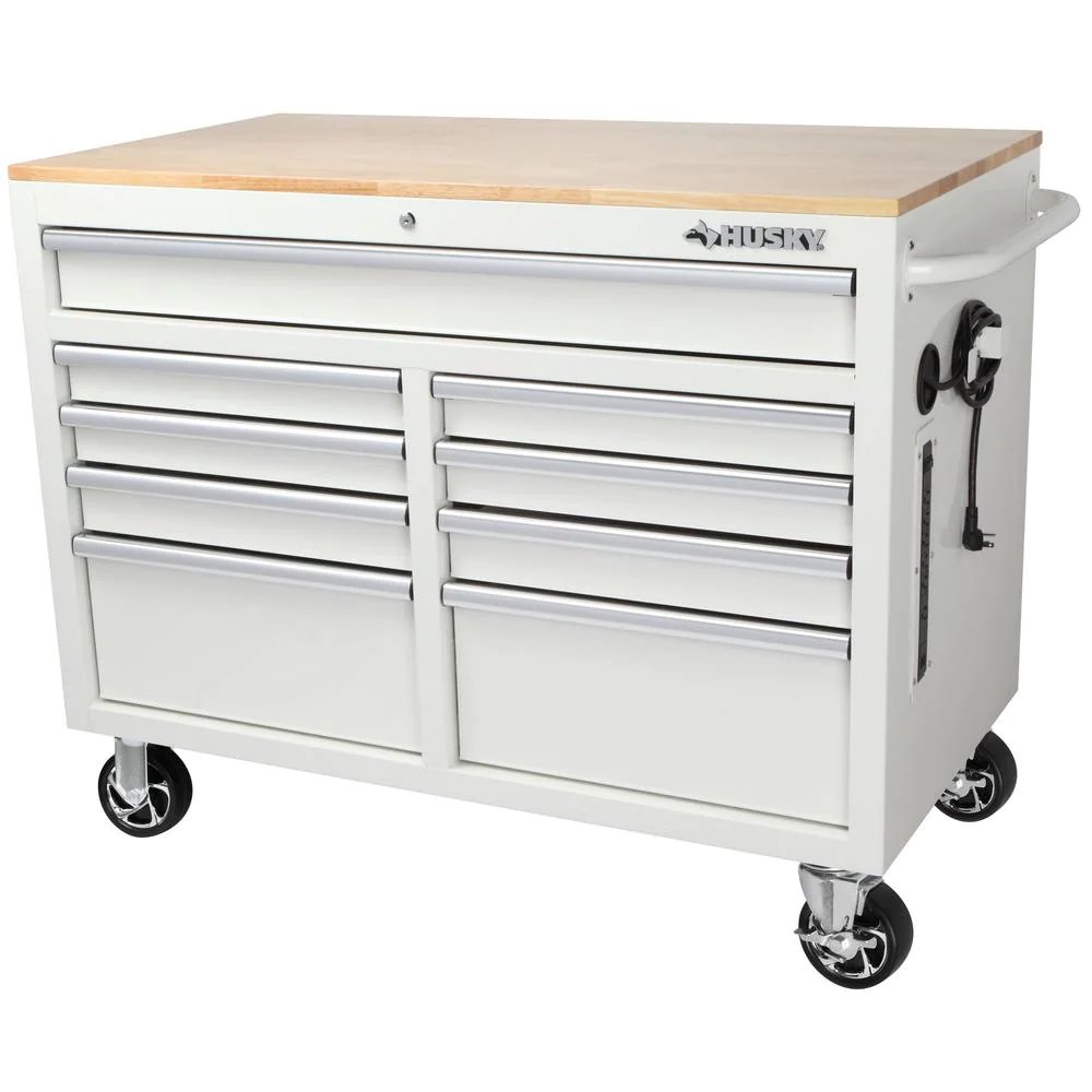 46 in. W x 24.5 in. D 9-Drawer Gloss White Deep Tool Chest Mobile Workbench with Hardwood Top-Kikonat
