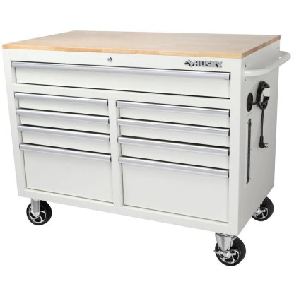 46 in. W x 24.5 in. D 9-Drawer Gloss White Deep Tool Chest Mobile Workbench with Hardwood Top-Kikonat