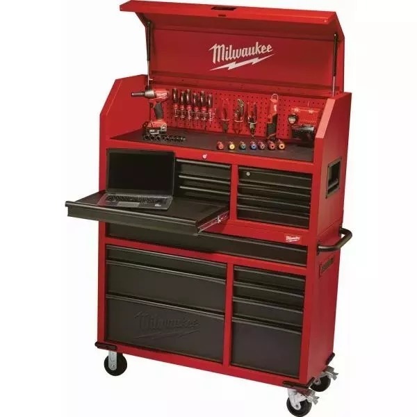 46 IN. 16-DRAWER STEEL TOOL CHEST AND ROLLING CABINET SET, TEXTURED RED AND BLACK MATTE-Kikonat