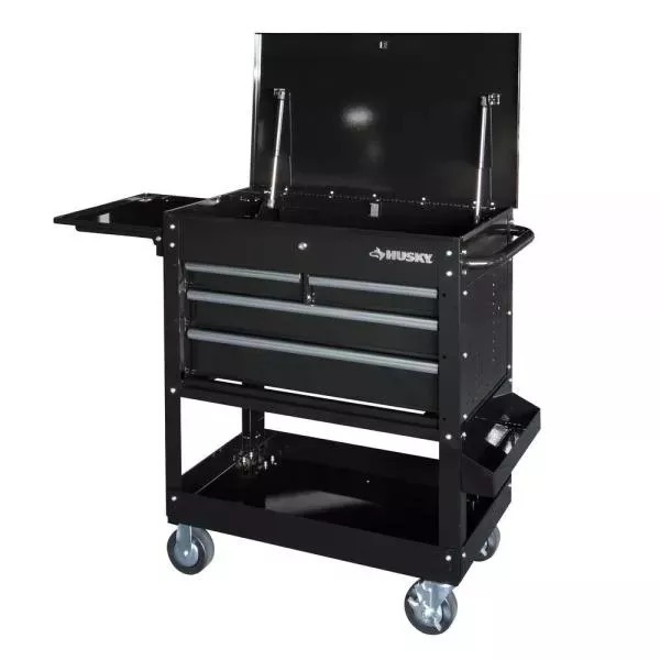 33 IN 4-DRAWER MECHANICS CART WITH EXTENDED SIDE TABLE AND BOTTLE TRAY-Kikonat