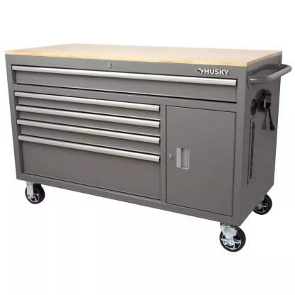 56 IN. W 5-DRAWER 1-DOOR, DEEP TOOL CHEST MOBILE WORKBENCH IN GLOSS GRAY WITH HARDWOOD TOP-Kikonat