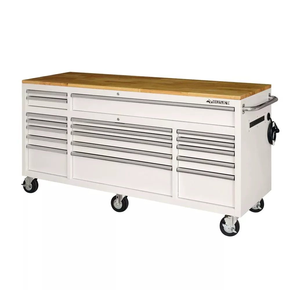 72 IN. 18-DRAWER MOBILE WORKBENCH WITH SOLID WOOD TOP IN GLOSS WHITE-Kikonat