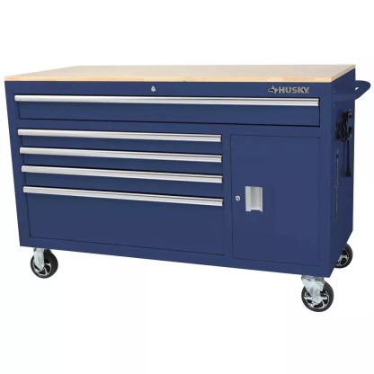 56 IN. W 5-DRAWER 1-DOOR, DEEP TOOL CHEST MOBILE WORKBENCH IN GLOSS BLUE WITH HARDWOOD TOP-Kikonat