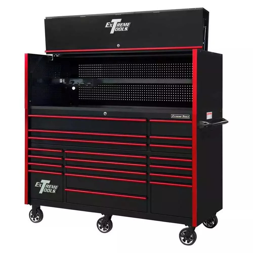 EXTREME TOOLS 72" RX SERIES 19-DRAWER 30" DEEP ROLLER CABINET W/HUTCH - BLACK W/RED DRAWER PULLS-Kikonat