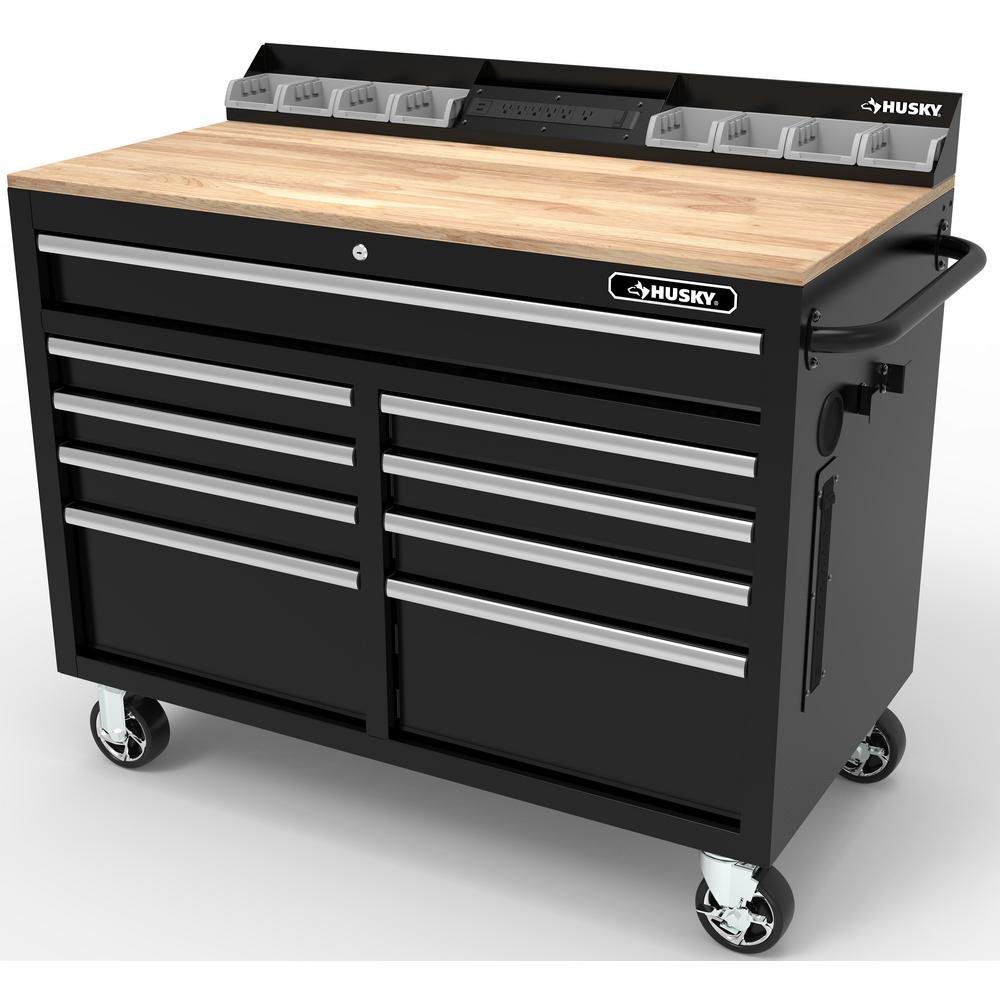 46 in. W x 24.5 in. D 9-Drawer Gloss Black Deep Tool Chest Mobile Workbench with Hardwood Top and Power Station-Kikonat