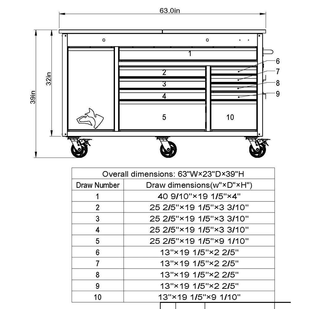 63 in. W 11-Drawer, Deep Tool Chest Mobile Workbench in Matte Black with Flip-Top Stainless Steel Top-Kikonat