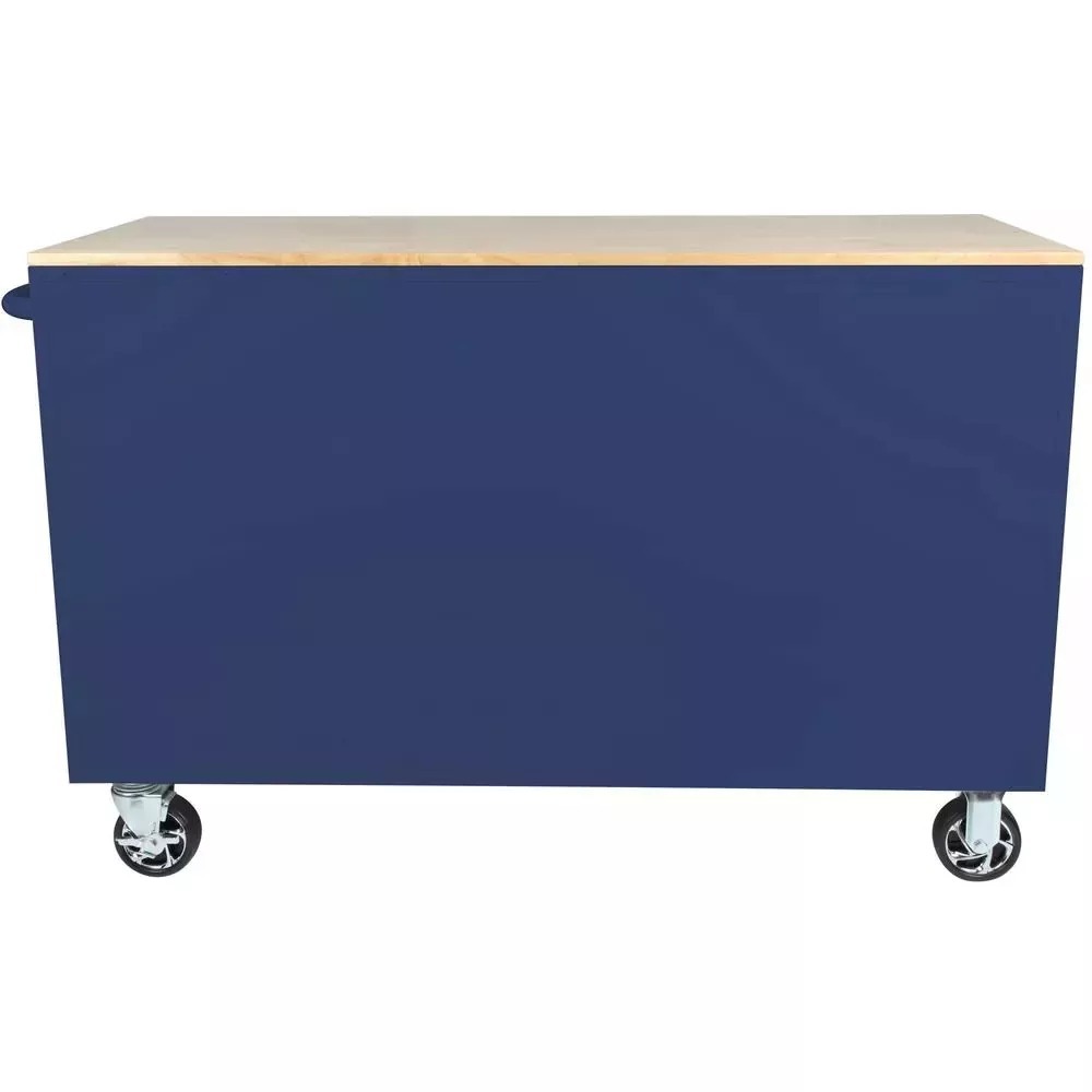 56 IN. W 5-DRAWER 1-DOOR, DEEP TOOL CHEST MOBILE WORKBENCH IN GLOSS BLUE WITH HARDWOOD TOP-Kikonat