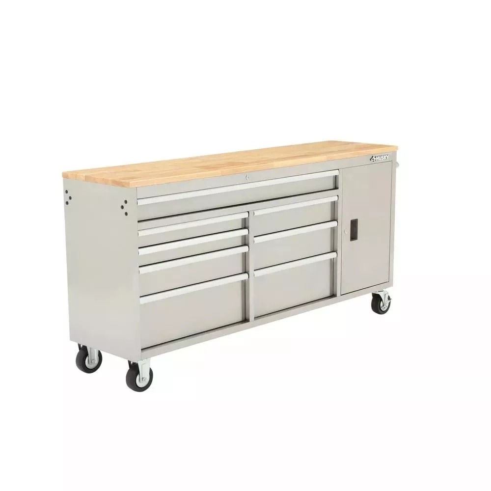 72 IN. 8-DRAWER AND 1-DOOR MOBILE WORKBENCH IN STAINLESS STEEL-Kikonat