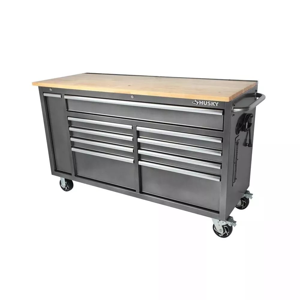 61 IN. W 10-DRAWER, DEEP TOOL CHEST MOBILE WORKBENCH IN METALLIC SILVER WITH SLIDING VERTICAL BIN STORAGE DRAWER-Kikonat