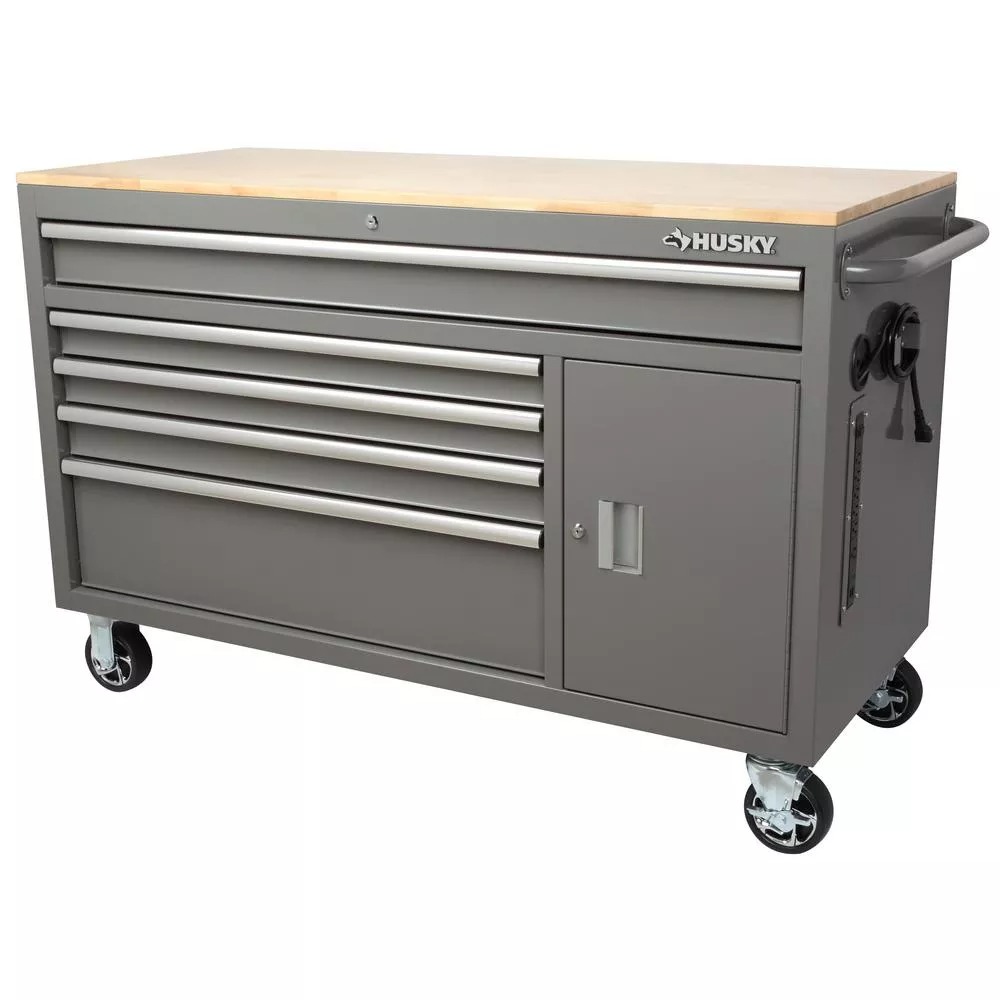 56 IN. W 5-DRAWER 1-DOOR, DEEP TOOL CHEST MOBILE WORKBENCH IN GLOSS GRAY WITH HARDWOOD TOP-Kikonat