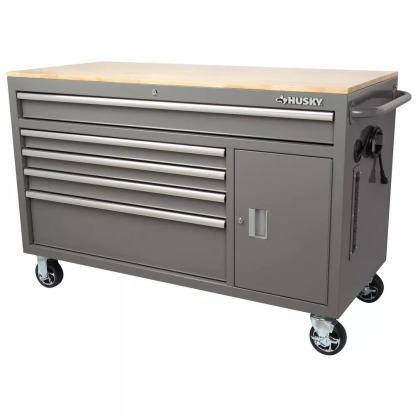 56 IN. W 5-DRAWER 1-DOOR, DEEP TOOL CHEST MOBILE WORKBENCH IN GLOSS GRAY WITH HARDWOOD TOP-Kikonat