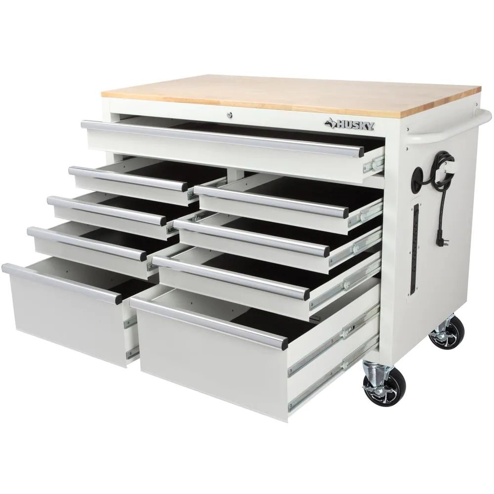 46 in. W x 24.5 in. D 9-Drawer Gloss White Deep Tool Chest Mobile Workbench with Hardwood Top-Kikonat