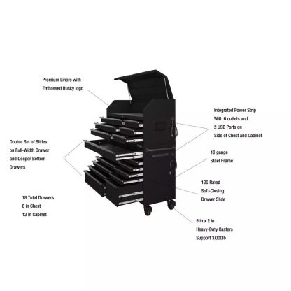 HEAVY-DUTY 56 IN. W 18-DRAWER COMBINATION TOOL CHEST AND CABINET SET, MATTE BLACK-Kikonat