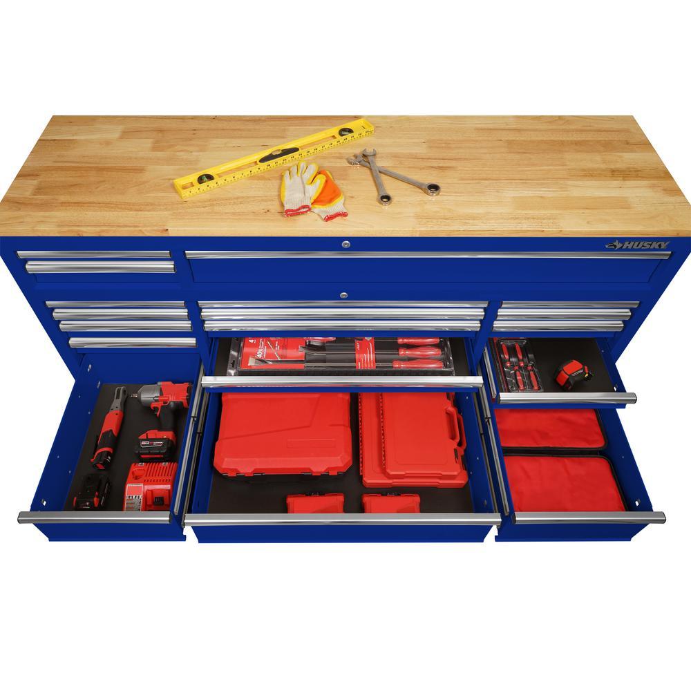 72 in. 18-Drawer Mobile Workbench with Solid Wood Top in Gloss Blue-Kikonat