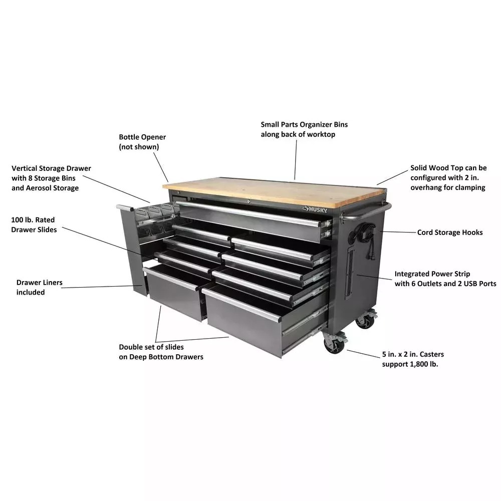 61 IN. W 10-DRAWER, DEEP TOOL CHEST MOBILE WORKBENCH IN METALLIC SILVER WITH SLIDING VERTICAL BIN STORAGE DRAWER-Kikonat