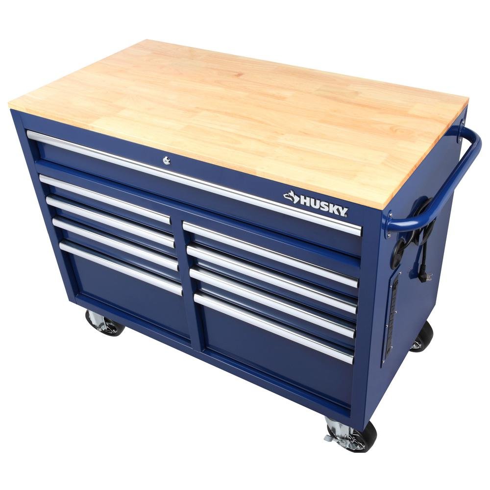 46 in. W x 24.5 in. D 9-Drawer Gloss Blue Deep Tool Chest Mobile Workbench with Hardwood Top-Kikonat