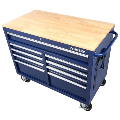 46 in. W x 24.5 in. D 9-Drawer Gloss Blue Deep Tool Chest Mobile Workbench with Hardwood Top-Kikonat