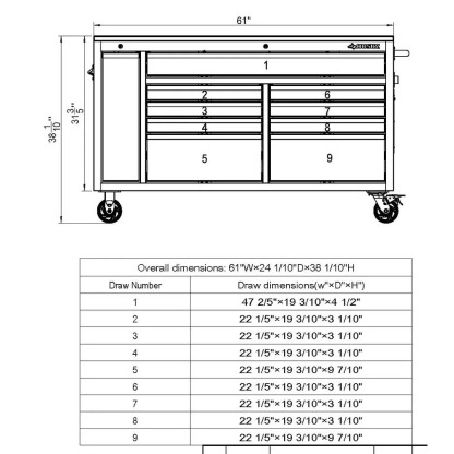 61 IN. W 10-DRAWER, DEEP TOOL CHEST MOBILE WORKBENCH IN METALLIC SILVER WITH SLIDING VERTICAL BIN STORAGE DRAWER-Kikonat