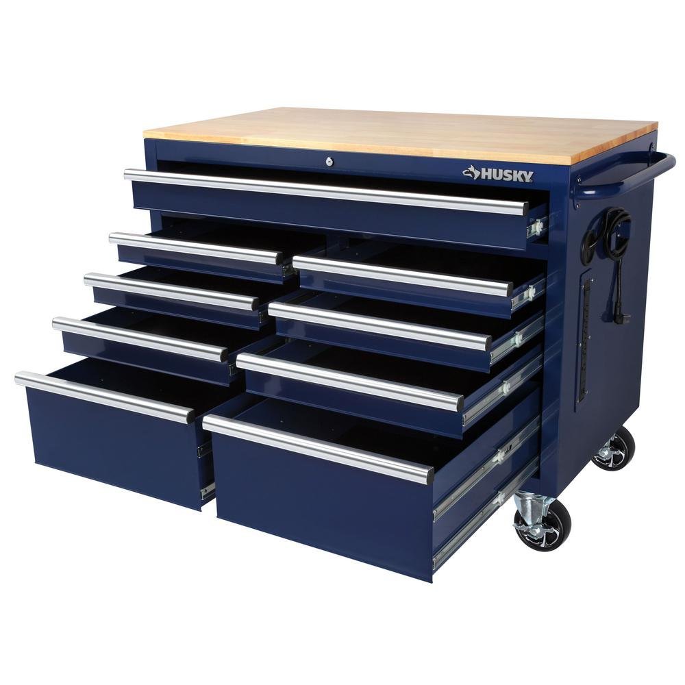 46 in. W x 24.5 in. D 9-Drawer Gloss Blue Deep Tool Chest Mobile Workbench with Hardwood Top-Kikonat