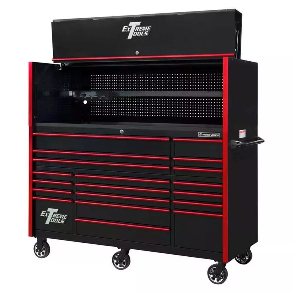EXTREME TOOLS 72" RX SERIES 19-DRAWER 30" DEEP ROLLER CABINET W/HUTCH - BLACK W/RED DRAWER PULLS-Kikonat