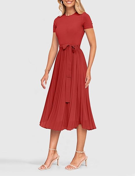 Womens Spring Casual Short Sleeve Midi Dresses 2024 Summer Crew Neck Ribbed Knit Belted Pleated A Line Long Dress