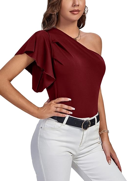 Women's Summer Elegant One Shoulder Ruched Ruffle Short Sleeve Blouse Top