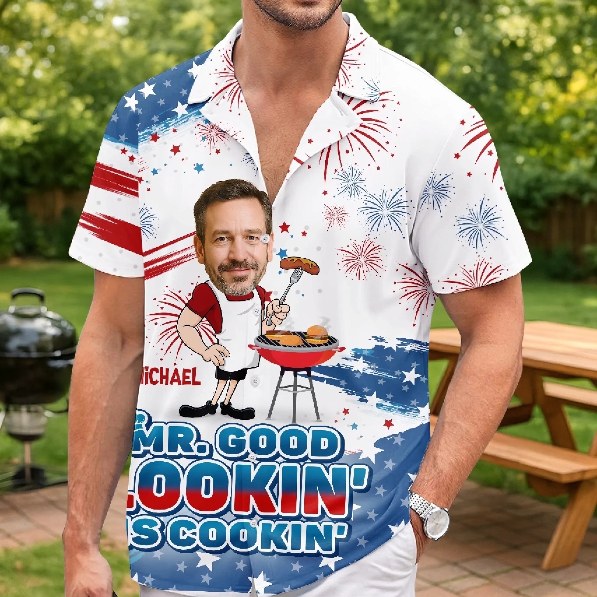 Custom Photo Mr. Good Lookin' Is Cookin' - Family Personalized Custom Unisex Tropical Hawaiian Aloha Shirt - Summer Vacation Gift, Gift For Dad, Grandpa, Travel Lovers