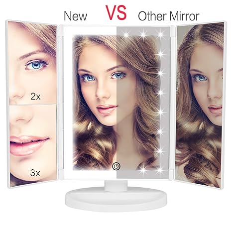 36 LED Nature Daylight Lighted Makeup Mirror,Tri-Fold Lighted Makeup Mirror with 3X/2X Magnification and Touch Screen Dimming Makeup Mirror, 180 Degree free Rotation, Countertop Cosmetic Mirror