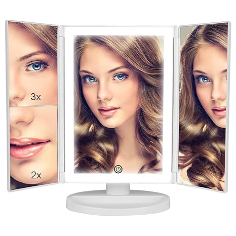 36 LED Nature Daylight Lighted Makeup Mirror,Tri-Fold Lighted Makeup Mirror with 3X/2X Magnification and Touch Screen Dimming Makeup Mirror, 180 Degree free Rotation, Countertop Cosmetic Mirror