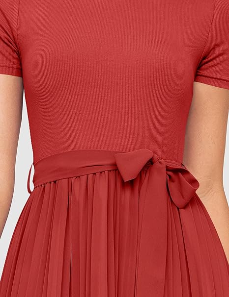 Womens Spring Casual Short Sleeve Midi Dresses 2024 Summer Crew Neck Ribbed Knit Belted Pleated A Line Long Dress
