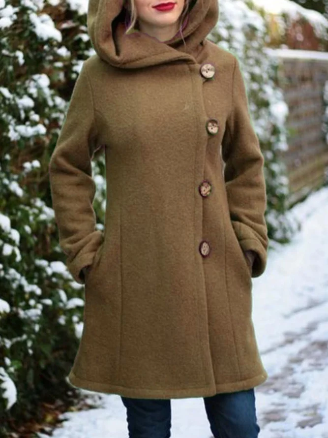 Hoodie Solid Buttoned Casual Jacket Coat
