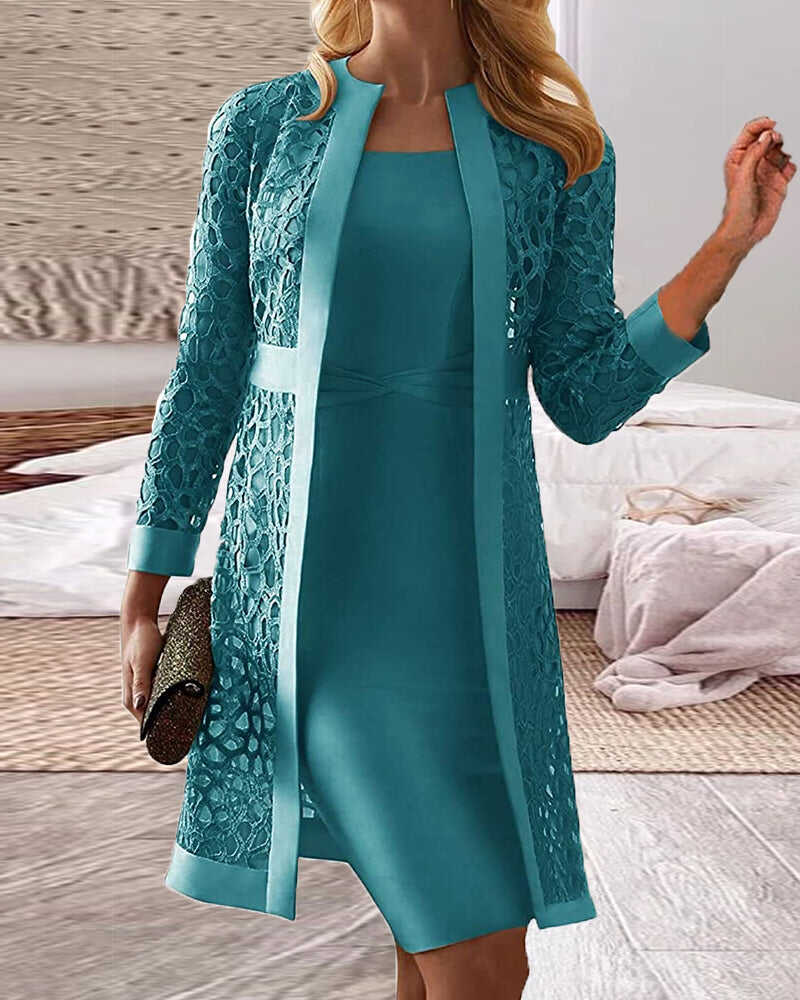 Women's Solid Color Casual Lace Cardigan Dress Two Piece Sets