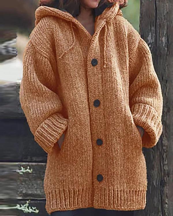 Button Down Hooded Knitted Cardigan Plus Size Outerwear