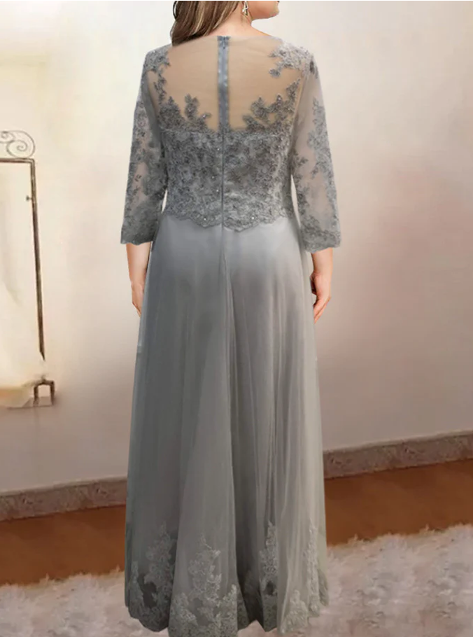 Ostatnie 24 godziny! Wyprzedaż polskiej odzieży damskiej, do 50% zniżki, do wyczerpania zapasów ⏳Suknia typu mom, przezroczysty dekolt + rękawy 3/4, długa spódnica do ziemi z aplikacją.