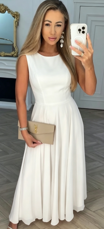 Elegancka, długa sukienka, koronkowy dekolt, stonowana kolorystyka