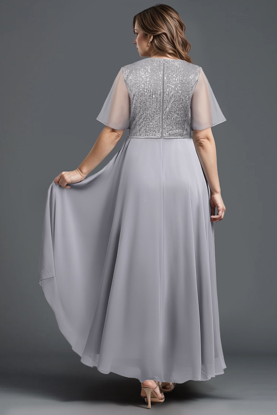 Flycurvy Plus Size Mother Of The Bride Grey Flutter Sleeve Sequin Irregular Hem Maxi Dress 2024 - Flycurvy 