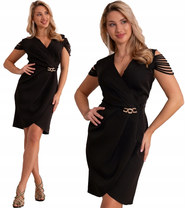 Modna sukienka wizytowa kopertowa z ozdobnymi rękawami • Kolor beż • Elegancka na wieczór/wesele • Kup teraz z dostawą za pobraniem!