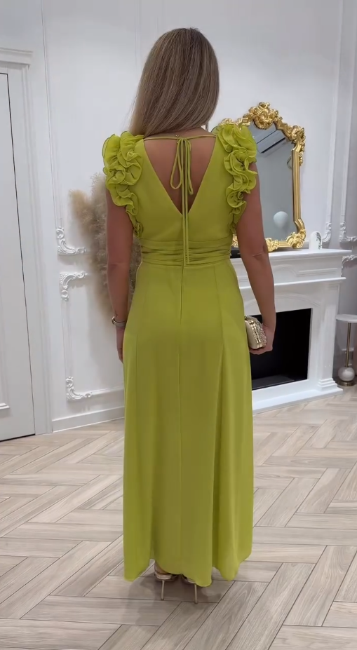 ❤️Oferta ograniczona czasowo: 50% ZNIŻKI❤️Elegancka sukienka maxi z dekoltem w serek, dopasowaną talią i rozcięciem