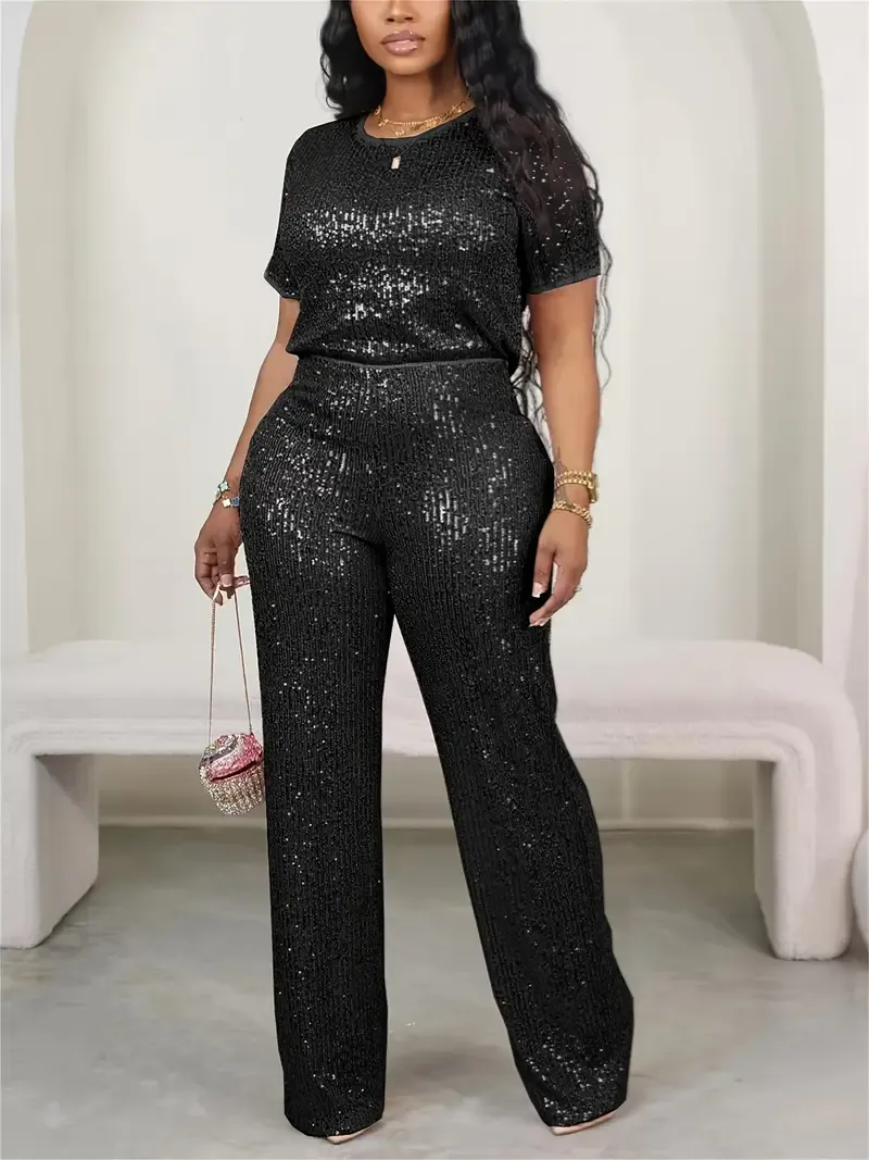 ELEGANCKI KOMPLET CASUALOWY z cekinami! Krótki rękaw + proste nogawki - SUPER WYGODNY & MODNY! 🌟PROMOCJA: -35% TYLKO DZIŚ!