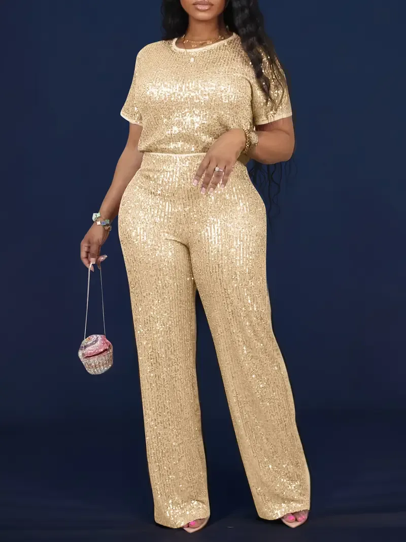 ELEGANCKI KOMPLET CASUALOWY z cekinami! Krótki rękaw + proste nogawki - SUPER WYGODNY & MODNY! 🌟PROMOCJA: -35% TYLKO DZIŚ!