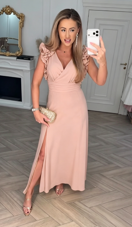 ❤️Oferta ograniczona czasowo: 50% ZNIŻKI❤️Elegancka sukienka maxi z dekoltem w serek, dopasowaną talią i rozcięciem