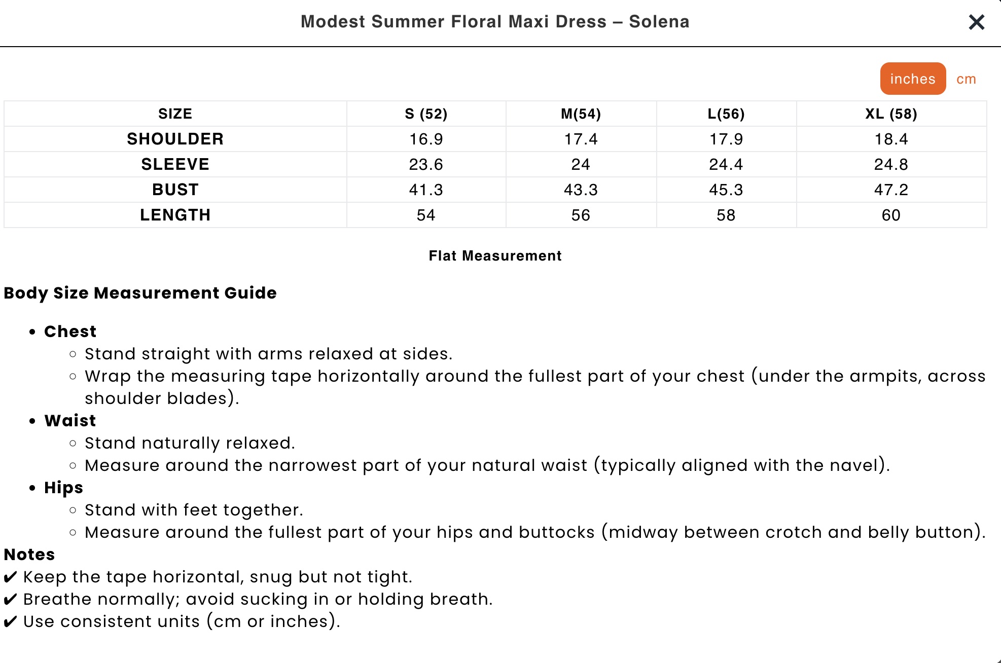 Size guide in inches