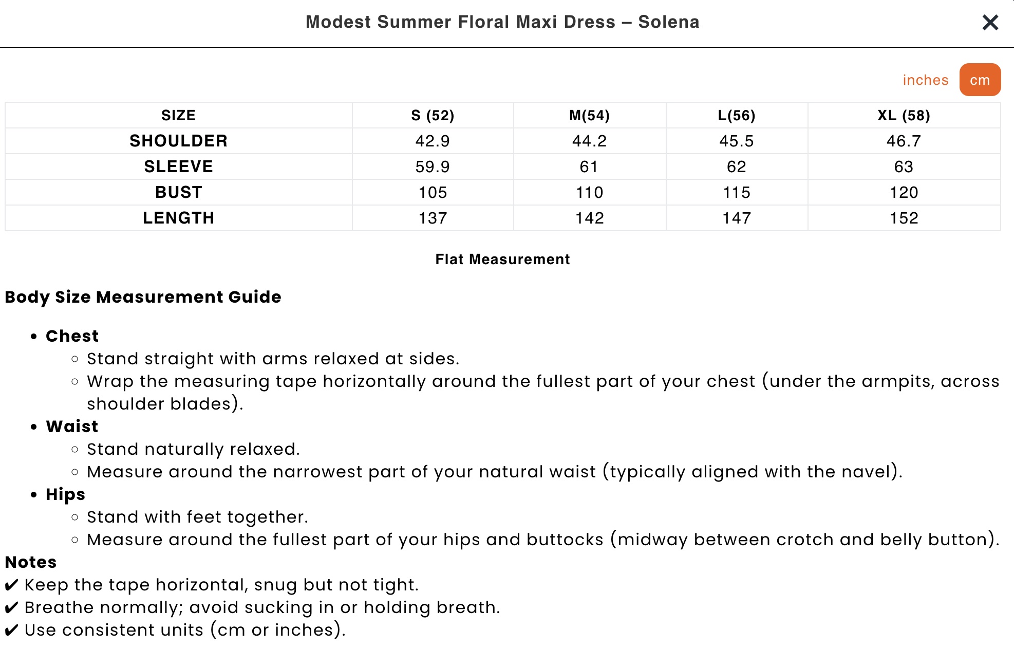 Size guide in centimeters
