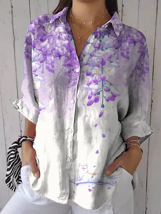 Women's Casual Retro Purple Art Cotton And Linen Shirt