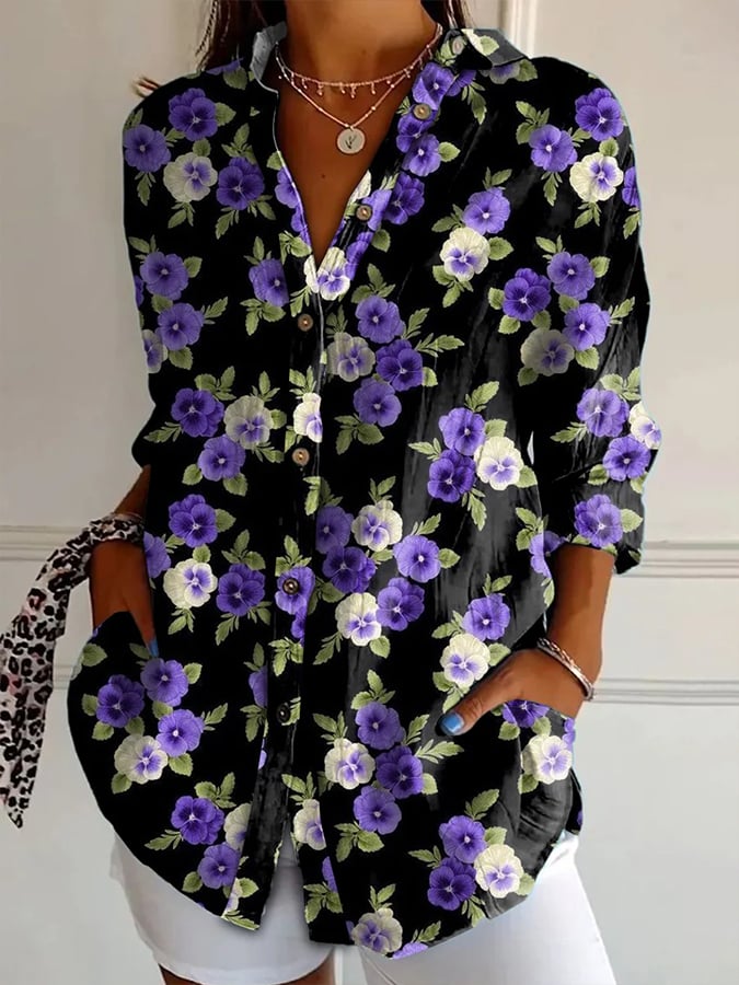 Women's Purple Floral Art Print Lapel Shirt
