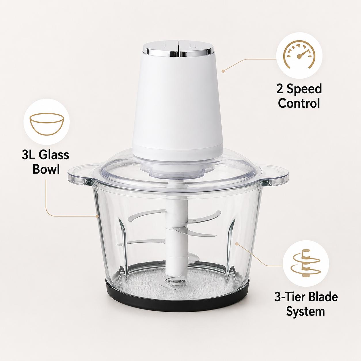 This electric food chopper comes with two blade sets and a cleaning brush for easy daily use. Great for chopping meat, vegetables, garlic, onions, and preparing sauces, fillings, and baby food.