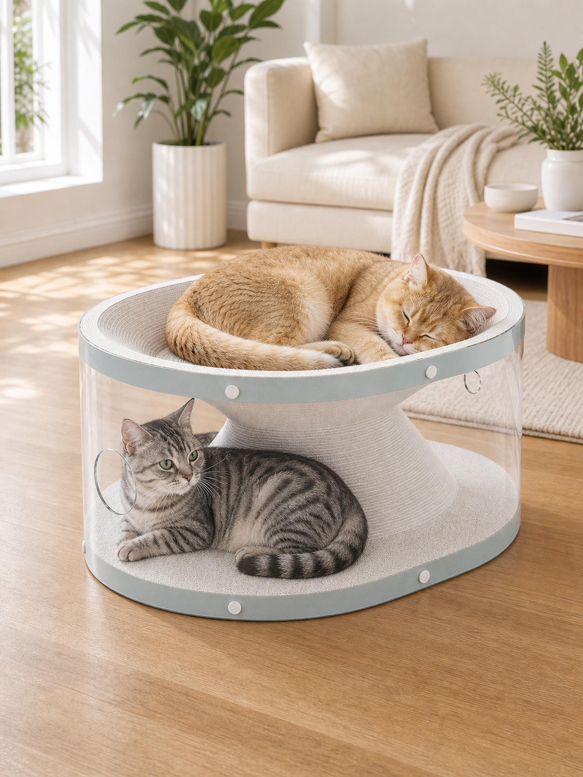 Orange and silver tabby cats using both levels of the ClearNest scratcher