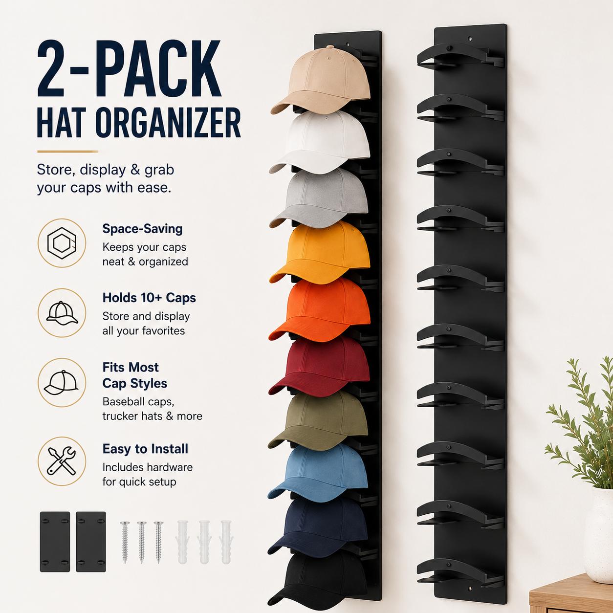 2 Pack Wall Mounted Hat Organizer for Baseball Caps, Adhesive Hat Rack for Closet and Door Storage image 1