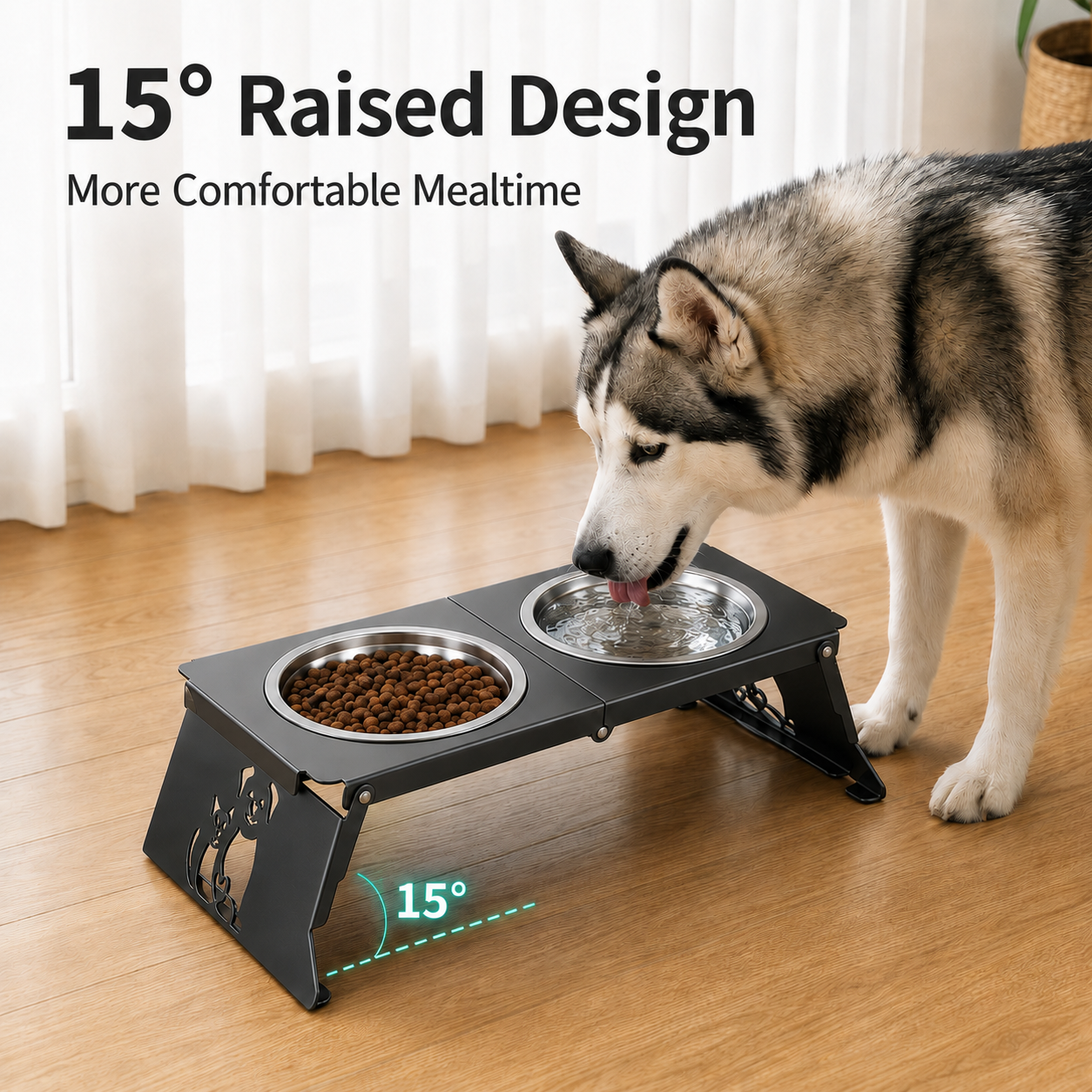Foldable Elevated Pet Bowl Stand with 2 Stainless Steel Bowls for Cats and Dogs