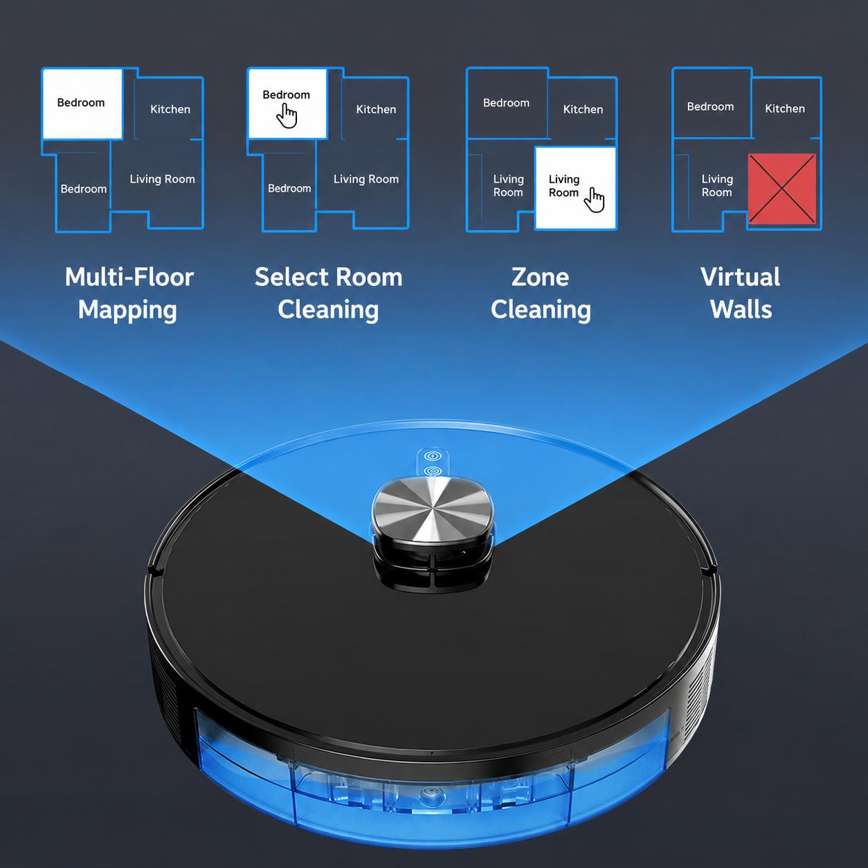 LDS Robot Vacuum and Mop Combo, 3-in-1 Smart Vacuum Cleaner with App Control, Electric Water Tank, Auto Recharge, Laser Navigation for Hard Floors, Pet Hair, Home